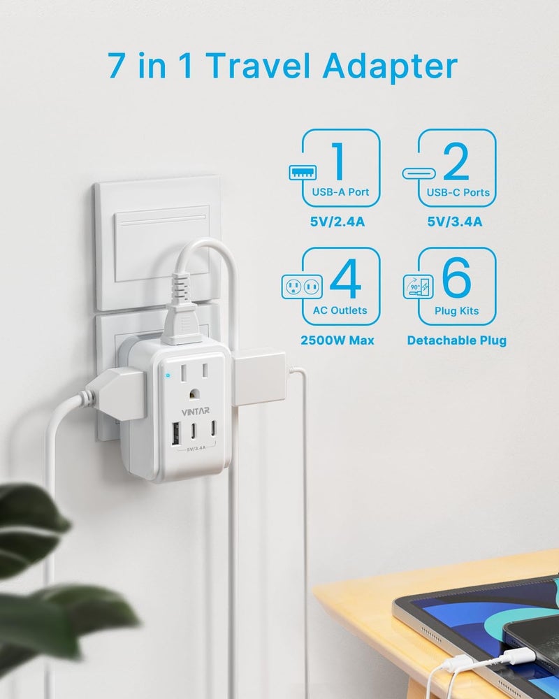 VINTAR مجموعة محول السفر العالمي، محول طاقة دولي مع 4 مآخذ AC و 3 منافذ USB (2 USB C)، نوع A، B، C، E/F، G، I، ملحقات قابلة للتبديل، محول سفر عالمي لأوروبا/المملكة المتحدة/أستراليا/اليابان/أفريقيا - Image 5